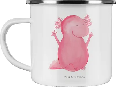 Produktbild von Mr. & Mrs. Panda Pott Axolotl Hurra - Weiß - Geschenk, Motivation, Lurch, Emaille Becher, Fröhlich, Haferl, Teetasse, Tasse