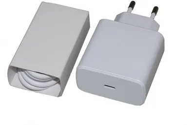 A white Samsung fast charger and a white USB-C cable are arranged on a white background.
