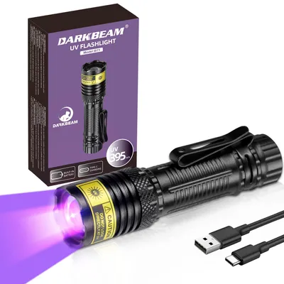 Immagine prodotto di Torcia UV da 395nm, luce nera, mini ma potente, ricaricabile tramite USB-C, resistente all'acqua