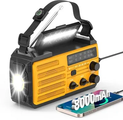 Zdjęcie produktu dla Uniqoos® Przenośne radio awaryjne z powerbankiem 8000 mAh – zasilanie słoneczne, korbką i USB, odbiór AM/FM, wbudowana latarka z alarmem SOS, idealne do campingów i aktywności na świeżym powietrzu