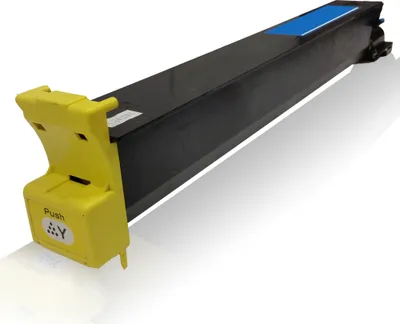 A yellow and black toner cartridge is shown on a white and gray background.