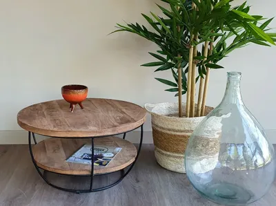 Produktbild von DESIGN Couchtisch massiv Mangoholz Metall Evan schwarz rund Beistelltisch 65 cm x 35 cm