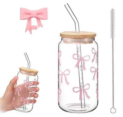 Glaskrug 500 ml mit Deckel, Strohhalm & Bürste, rosa