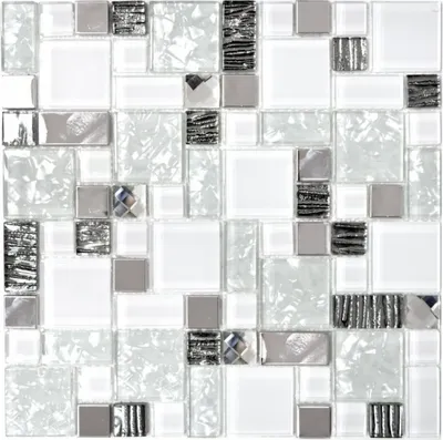 Produktbild von Mosaikfliese Transluzent Edelstahl weiß Kombination Glasmosaik Crystal Stahl weiß Glas MOS88-01699_f | 10 Mosaikmatten