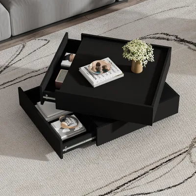 Produktbild von Merax Couchtisch 360° drehbar mit 2 Schubladen, moderne Wohnzimmertisch aus Spanplatte, großer Stauraum und erhöhte Kanten, Schwarz