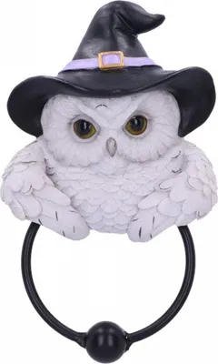Produktbild von Weiße Schneeeule mit schwarzem Hexenhut Türklopfer 21 cm