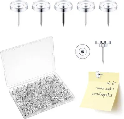 Image de Transparente punaises, 300 pièces - 16 mm, avec boîte de rangement, idéales pour les cartes postales, les tableaux en liège et la décoration murale