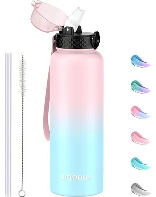 Produktbild von Edelstahl Wasserflasche mit Strohhalm 1.2L Thermosflasche Doppelwandig Auslaufsicher Flip Top Rosa Blau