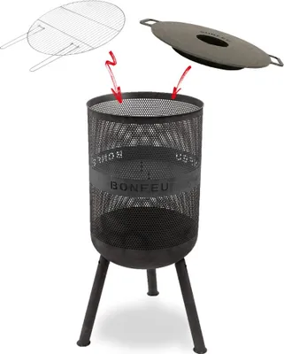 A black metal fire pit with a grill grate and a lid shown above it, against a white background.