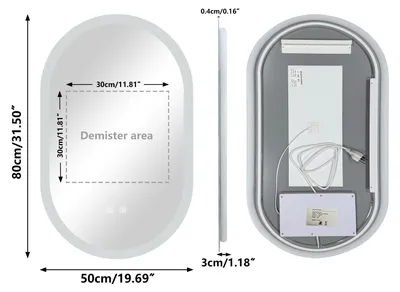 Produktbild von LED Badspiegel - Ovaler beschlagfreier Schminkspiegel - Dimmbarer beleuchteter Wandspiegel 80 x 50 cm - Rahmenloses gehärtetes Glas