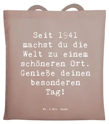 Produktbild von Mr. & Mrs. Panda Tote Bag Spruch 1941 Geburtstag - Braun Pastell - Geschenk, Tasche, Ehrentag, Welt schönerer Ort, Happy Birthday, wertschätzen, Unitasche, Laptoptasche