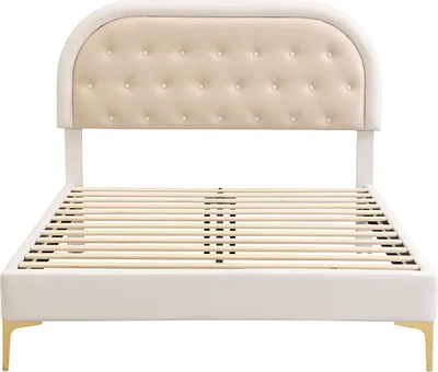 Produktbild von Polsterbett 140x200cm Kinderbett (ohne Matratze) Doppelbett Jugendbett Mit Lattenrost und Metallfüßen Gebogenes Kopfteil Beige Samt