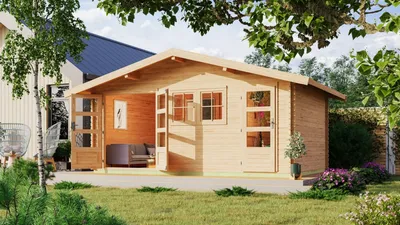A wooden garden house with open doors and windows, set in a grassy yard with trees and flowers.
