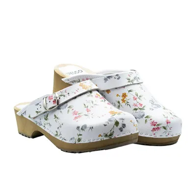 Produktbild von Damen Holzpantoletten aus Naturleder Weiß mit floralem Muster – Bequeme Holzclogs mit verstellbarem Riemen 38