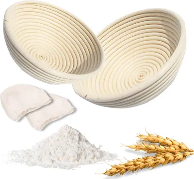 Produktbild von Gärkorb Rund 2er Set. Handgefertigtes Rattan-Brotkorb für perfekte Sauerteig & Hefeteig Brote inkl. Leineneinsatz optimale Teiggare & knusprige Kruste