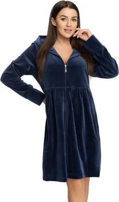 Produktbild von DOROTA kuscheliger und moderner Damen Baumwoll-Bademantel mit Taschen, Reißverschluss & Kapuze, indigo, Gr. XL