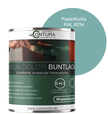 Produktbild von Contura 750ml. Buntlack Lackfarbe Lack Außen Innen Holz Metall Farbe Holzlack Möbellack - Seidenmatt - RAL 6034 Pastelltürkis