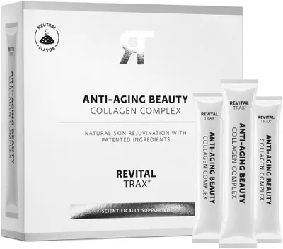 A box of RevitalTrax Anti-Aging Beauty Collagen Complex sachets.
