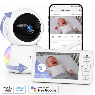 Produktbild von Babyphone mit 3K 5MP Kamera,5 Zoll 1080P OLED,Nachtsicht,Schlaflieder,Schallerkennung,Weinen-Erkennung,Bewegungssensor,Ein-Tasten-Ruf,2-Wege-Audio