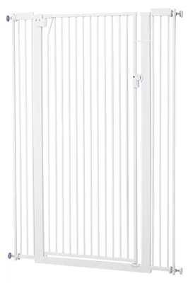 Obrázek produktu pro Bezpečnostní zábrana na schody SucceBuy, nastavitelná šířka 740–1050 mm, výška 1420 mm, zábrana na dveře se sadou pro montáž na stěnové lišty a na zeď, rozteč mřížek 33 mm, vhodná na schody, do dveřních rámů a do obytných prostor, bílá