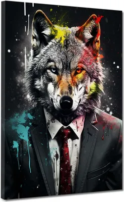 Produktbild von Wolf im Anzug Pop Art Black Leinwandbild Wandbild Kunstdruck XL Wanddeko: 75x100x4cm