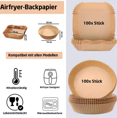 Produktbild von 100 Stück Airfryer Backpapier Einlagen rund, Frittierpapier Antihaft Backofenpapier Einweg Grillpapier für Heißluftfritteuse, Heißluftfritteuse-Papier