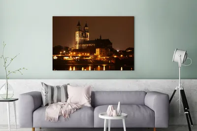 Zdjęcie produktu dla MuchoWow® - Obraz na płótnie - Widok na rzekę i katedrę w Magdeburgu, fototapeta, dekoracja ścienna, obrazy do salonu, 120x80cm