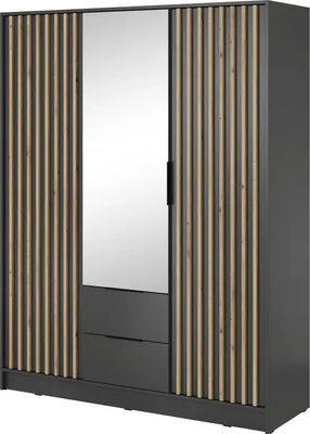 Produktbild von Kleiderschrank Stilo Graphit Grau mit Spiegel & Lamellen – 155 cm, 3 Türen, 2 Schubladen, Loft