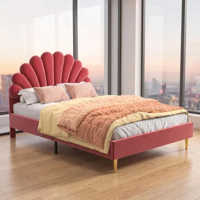 Produktbild von INONEFT Polsterbett 140x200 cm mit Blütenkopfteil, Jugendbett Doppelbett mit Lattenrost, Kinderbett für Mädchen, Prinzessinnenbett, Winerot, Samt