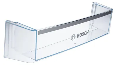 A clear plastic shelf with the Bosch logo on it, likely for a refrigerator.
