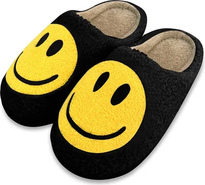 Produktbild von ASKSA Hausschuhe Smiley Damen Herren Winter Warme Plüsch Emoji Haus Pantoffeln, Schwarz, Größe: 44-45