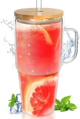 Productafbeelding van Glazen beker met deksel en rietje - 1210 ml - Multifunctionele reisbeker en koffiekopje