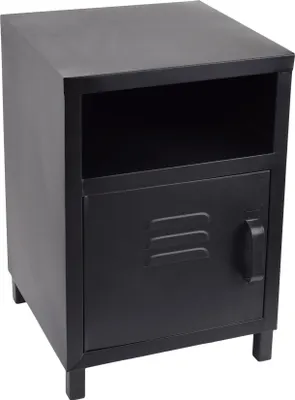 A black metal nightstand with a drawer and an open shelf.
