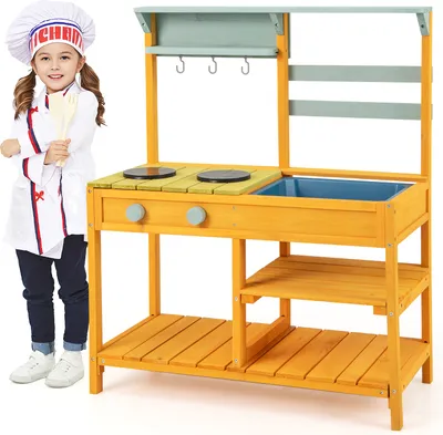 Image de COSTWAY Cuisine pour enfants Outdoor, Cuisine de jeu avec fonction eau, crochet & étagère amovible, Cuisine de jardin en bois pour enfants 3+ Orange