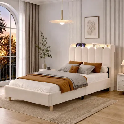 Produktbild von MODFU Polsterbett 90 x 200 Kinderbett mit Lattenrost,Jugendbett mit Stauraum im Kopfteil und LED-Nachtlicht,ohne Bettkasten,Beige (ohne Matratze)