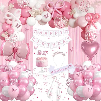 Immagine prodotto di Banner di "Buon Compleanno" - Decorazioni per compleanno rosa - Decorazioni per compleanno rosa con fiocchi - Palloncini - Striscione - Tenda