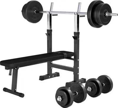 Produktbild von Gorilla Sports Hantelbank (Flach-/Schrägbank), klappbar, verstellbar, Ablage & Dip-Station, bis 200 kg. Inkl. 70 kg Hantelset (Langhantel, 2 Kurzhanteln, bodenschonende Metall/Kunststoff-Hantelscheiben, 3 cm Stangen). Schwarz/Silber, 118x54,5x112 cm. Krafttraining.