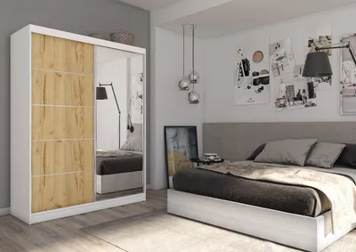 Obrázek produktu pro Moderní Šatní Skříň s Posuvnými Dveřmi Šatní Skříň se Zrcadlem 120 150 180 200 cm - Dub Zlatý Šatní Skříň do Ložnice s Posuvnými Dveřmi - Šatní Tyč - 160 cm - Dub Zlatý/Bílý