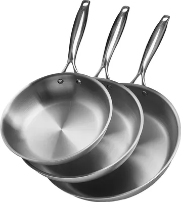 Produktbild von VEVOR Bratpfannen Set 3-tlg. (24 / 28 / 32 cm), Hochleistungs-Bratpfannen aus Edelstahl mit hitzebeständigem Griff, Kochpfanne Küchenkochgeschirr geeignet für Gas Elektro Induktion Silber