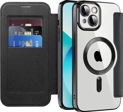 Produktbild von Klapphülle für iPhone 13 Kompatibel mit Magsafe, Klar Überzug Kartenhalter Ledertasche mit Kameraschutz Schwarz