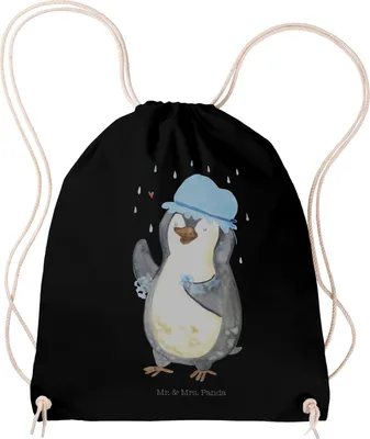 Produktbild von Mr. & Mrs. Panda Säckchen Pinguin Duschen - Schwarz - Geschenk, Stoffrucksack, Jutebeutel, sporttasche klein, Gymbag, wander rucksack, Duschkonzert, Singen, Beutel, Baden