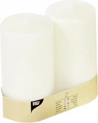 Produktbild von 2 Papstar Stumpenkerzen Ø 80 mm, 150 mm weiss mit Flachkopf 82095