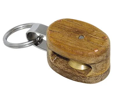 Produktbild von Teakblock Schlüsselanhänger mit Messing-Rolle und Schlüsselring