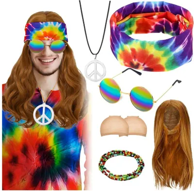 Produktbild von Großes Hippie-Kostümset, Uni-Perücke, Retro-Karnevalsoutfit der 60er/70er Jahre