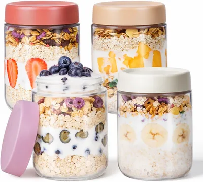 Zdjęcie produktu dla Pojemnik na jogurt - 500 ml - Szkło - Przeznaczony do żywności - Bez BPA - Hermetyczny - Pojemniki na płatki owsiane z pokrywką
