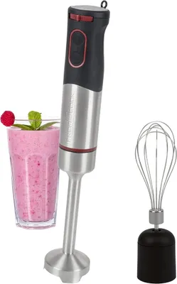 A hand blender set including a smoothie, the blender wand, and a whisk attachment, presented against a white background.