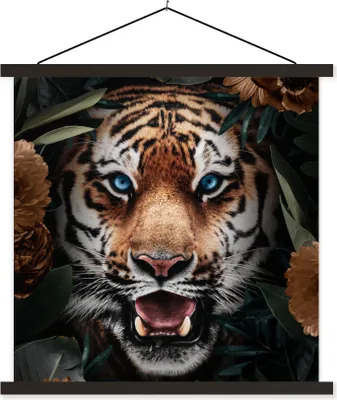 Produktbild von MuchoWow® Textilposter Tiger - Blatt - Blumen 90x90 cm mit schwarzem Rahmen - Magnetisches