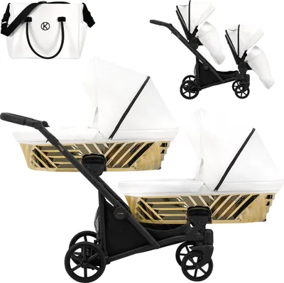Produktbild von Kinderwagen IVENTO DUO GLAM 2 in 1 Zwillingskinderwagen Geschwisterwagen Zwillingsbuggy Doppelkinderwagen (Eco White Pearl, Rahmen: schwarz)