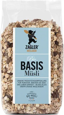 Produktbild von Basismüsli 1kg - völlig ungesüßt - rein pflanzliche Zutaten - ohne Zusatzstoffe - ausschließlich hochwertige Qualitätsrohstoffe von ZAGLER MUESLIBAER