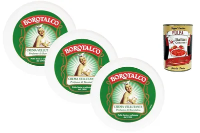 Produktbild von Borotalco Crema Vellutante 3x150g, samtige Körpercreme mit klassischem Borotalco-Duft, feuchtigkeitsspendende Pflege für glatte Haut seit 1904 + Italian Gourmet polpa